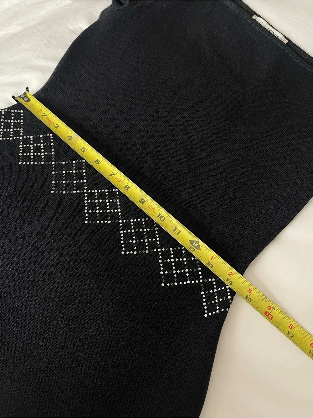 St. John Evening Black Santana Knit Dress Crystal Studded Cuff Waist Long Sleeve